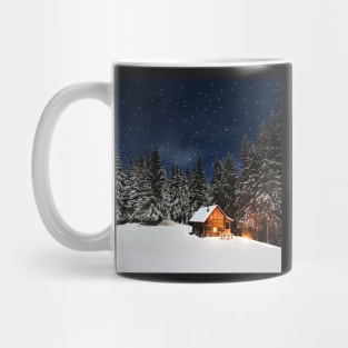 Winter Cozy Cabin in Snow Pine Trees Mountain Peaceful Landscape Art Mug